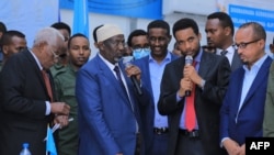 Somalia's newly elected upper house parliament speaker Adan Mohamed Nur, center, is seen after being elected at the airport complex in Mogadishu on April 28, 2022. 