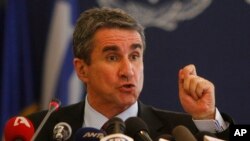 FILE - Andreas Loverdos, then Greece's labor minister and now a lawmaker, speaks at a press conference in Athens, June 25, 2010.