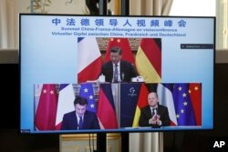 중국과 독일, 프랑스 정상이 8일 화상 회담하고 있다. 화면 위부터 시계방향으로 시진핑 중국 국가주석, 올라프 숄츠 독일 총리, 에마뉘엘 마크롱 프랑스 대통령.