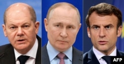 사진 왼쪽부터 올라프 숄츠 독일 총리, 블라디미르 푸틴 러시아 대통령, 에마뉘엘 마크롱 프랑스 대통령.