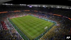 FILE - A view of Stadium 974 during the World Cup group G soccer match between Brazil and Switzerland in Doha, Qatar, Nov. 28, 2022.