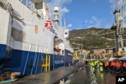 The Geo Barents rescue ship is seen docked at Salerno harbor, Italy, Dec. 11, 2022.
