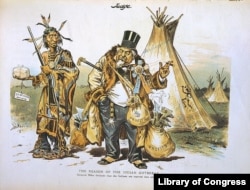 This political cartoon satirizing corrupt Indian agents pocketing federal funds and issuing "starvation rations" to Indians. Published in Judge Magazine nine days before the Wounded Knee Massacre.