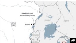 Gambar peta yang menunjukkan lokasi ledakan bom yang terjadi di sebuah gereja di Kasindi, Kongo. (Foto: AP)