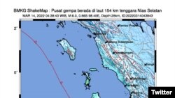 Gempa 6.7 magnitudo mengguncang wilayah pantai barat Sumatra pada 14 Maret 2022. (Foto: Twitter/@infoBMKG)