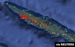 FILE - Satellite map shows seismic activity at Sao Jorge island after around 1,100 small earthquakes have rattled one of Portugal's mid-Atlantic volcanic islands in less than 48 hours in Azores islands, Portugal. March 21, 2022.