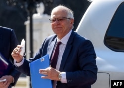 High Representative of the European Union for Foreign Affairs and Security Policy Josep Borrell reacts upon his arrival in Skopje, March 14, 2022.