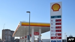 FILE - A Shell petrol station is seen in the town of Klimovsk outside Moscow, March 9, 2022.