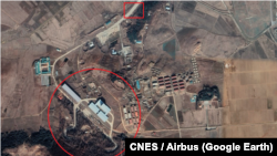 북한이 발사한 지점(위 네모)과 신리 미사일 지원시설(아래 원). 도로를 따라 북동쪽으로 이동하면 순안 국제공항이 나온다. 자료=CNES Airbus / Google Earth