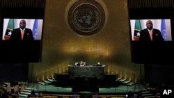 Prime Minister of Saint Kitts and Nevis, Timothy Harris, in a pre-recorded message, addresses the 76th session of the United Nations General Assembly, Friday Sept. 24, 2021, at UN headquarters. (Peter Foley/Pool Photo via AP) 