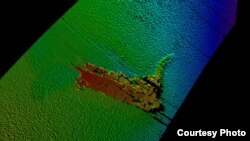 This image shows outlines of the movie prop that famously sank during filming of a 1970s Sherlock Holmes thriller. (Courtesy Kongsberg Maritime)