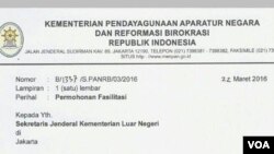 Surat dari Sekretaris Kementerian PANRB kepada Sekjen Kementerian Luar Negeri yang beredar di berbagai media sosial (foto: dok).