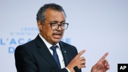 FILE - WHO Director-General Tedros Adhanom Ghebreyesus speaks during the opening of the World Health Organisation Academy in Lyon, central France, Sept. 27, 2021.