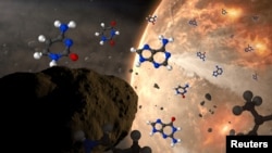 Conceptual image of meteoroids delivering nucleobases to ancient Earth. The nucleobases are represented by structural diagrams with hydrogen atoms as white spheres, carbon as black, nitrogen as blue and oxygen as red. (NASA Goddard/CI Lab/Dan Gallagher/Handout via REUTERS)
