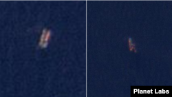 2일 북한 서해(서조선만) 일대에서 포착된 선박 간 환적 의심 장면 2건. 선박 2척(왼쪽)과 선박 3척이 각각 맞댄 형태를 하고 있다. 자료=Planet Labs