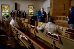 Democratic presidential candidate former Vice President Joe Biden speaks as he meets with members of the community at Grace Lutheran Church in Kenosha, Wis., Thursday, Sept. 3, 2020. (AP Photo/Carolyn Kaster)