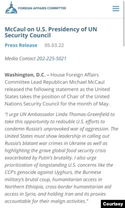 麦克·麦考尔(Michael MaCaul)日前发表声明，呼吁联合国优先考虑包括中共对维吾尔人种族灭绝在内的长期受到美国关注的问题。(国会网络截屏)