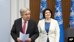 联合国秘书长古特雷斯与摩尔多瓦总理加夫里利策共同举行记者会（2022年5月9日）