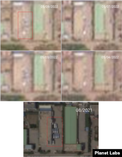 9일 개성공단의 한 건물 공터 앞에 파란색 물체(위 사각형)이 포착됐다. 이 물체는 앞선 (시계방향으로) 7일과 4일 해당 장소에 없었지만 3일에는 확인된다. 고화질 위성사진을 통해 해당 물체가 버스 9대(아래 사각형)라는 점을 알 수 있다. 자료=Planet Labs