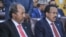 Newly-elected Somali President Hassan Sheikh Mohamud (L) sits next to former President Mohamed Abdullahi Mohamed, in the capital Mogadishu, May 16, 2022.