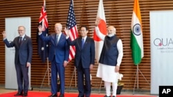Leaders of Quadrilateral Security Dialogue (Quad) from left to right, Australian PM Anthony Albanese, U.S. President Joe Biden, Japanese PM Fumio Kishida, and Indian PM Narendra Modi in Tokyo, Japan, Tuesday, May 24, 2022. (Zhang Xiaoyu/Pool Photo via AP)