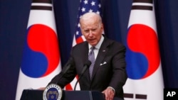 조 바이든 미국 대통령이 지난 5월 한국 방문 당시 용산 대통령실 청사에서 기자회견하고 있다. (자료사진)