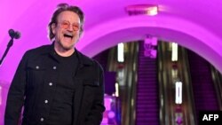 Bono (Paul David Hewson), Irish singer-songwriter, activist, and the lead vocalist of the rock band U2, performs at subway station which is bomb shelter, in the center of Ukrainian capital of Kyiv on May 8, 2022.