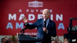 조 바이든 미국 대통령이 6일 오하이오주 해밀턴에서 연설하고 있다.