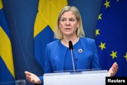 마그달레나 안데르손 스웨덴 총리가 16일 스톡홀름에서 기자회견하고 있다.