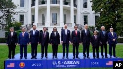 Leaders from the Association of Southeast Asian Nations (ASEAN) pose with President Joe Biden in a group photo on the South Lawn of the White House in Washington, May 12, 2022. 