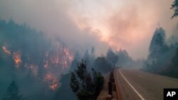 Dalam foto ini dirilis oleh Departemen Transportasi Oregon ini, terlihat api "Jack Fire" membakar sepanjang Oregon 138 dekat Steamboat, sekitar 40 miles (64 kilometer) timur Roseburg, Oregon, 7 Juli 2021.
