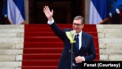 Predsednik Srbije Aleksandar Vučić ispred Skupštine Srbije uoči svečanog polaganja zakletve za drugi petogodišnji mandat na toj funkciji (Fonet)