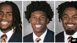 Kombinasi foto yang menunjukkan pemain tim football di University of Virginia, Devin Chandler (dari kiri ke kanan), Lavel Davis Jr. dan D'Sean Perry yang tewas dalam insiden penembakan di kampus tersebut pada 13 November 2022. (Foto: University of Virginia Athletics via AP)