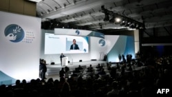 Colombian President Gustavo Petro speaks during the opening session of the Paris Peace Forum, at the Palais Brongniart, in Paris, France, Nov. 11, 2022.