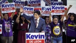 Kevin de Leon, California state Senate president pro tem and Democratic candidate for the U.S. Senate, speaks during an election party in Los Angeles, June 5, 2018.