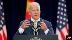 Wakil Presiden AS Joe Biden berbicara di Departemen Luar Negeri Amerika di Washington, DC (23/6). (AP/Pablo Martinez Monsivais) 