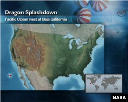 This NASA graphic depicts the location of the splashdown for the SpaceX Dragon capsule in the Pacific Ocean off the coast of Baja California, May 31, 2012.