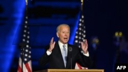 被宣布当选后，美国当选总统拜登2020年11月7日在特拉华州发表当选感言