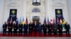 FILE - President Joe Biden, center, poses for a photo with Pacific Island leaders, including Papua New Guinea Prime Minister James Marape (fifth from the right) on the North Portico of the White House in Washington, Sept. 29, 2022.