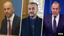 از راست سرگئی لاوروف وزیر خارجه روسیه، حسین امیر عبداللهیان وزیر خارجه جمهوری اسلامی ایران و کریستوفر برگر سخنگوی وزارت امور خارجه آلمان