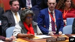 지난해 11월 유엔 안보리가 북한의 대륙간탄도미사일(ICBM) 발사 문제 논의를 위해 개최한 회의에서 토머스-그린필드 유엔주재 미국대사가 발언하고 있다.