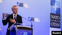 NATO Secretary General Jens Stoltenberg attends a news conference during the NATO foreign ministers meeting in Bucharest, Romania, Nov. 29, 2022. 