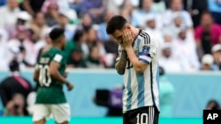 Argentina's Lionel Messi reacts disappointed during the World Cup group C soccer match between Argentina and Saudi Arabia at the Lusail Stadium in Lusail, Qatar, Nov. 22, 2022.
