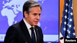 Menlu baru AS, Antony Blinken memberikan keterangan kepada media di kantor Deplu AS, Washington DC, Rabu (27/1).