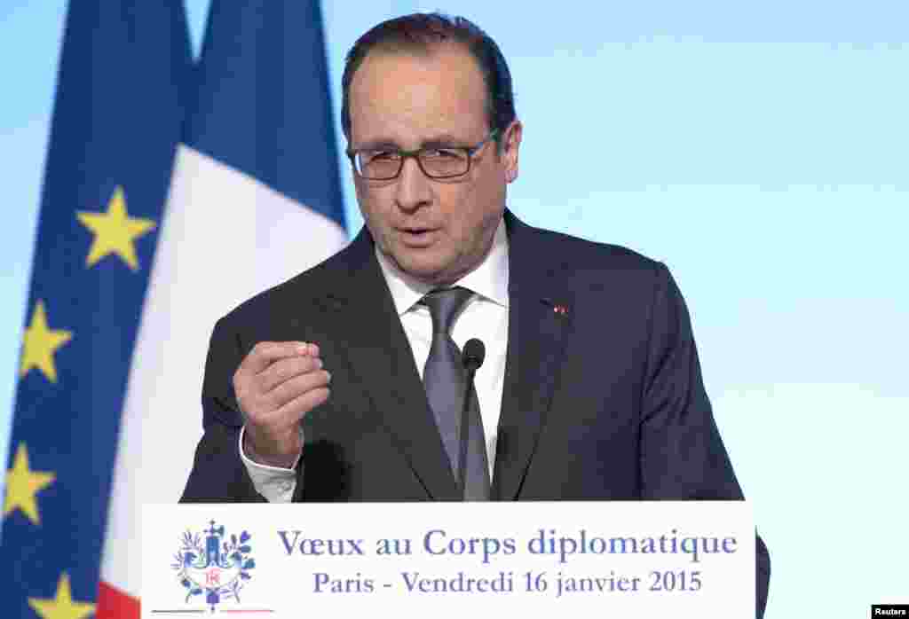 French President Francois Hollande delivers a speech to foreign ambassadors during a New Year wishes ceremony at the Elysee Palace in Paris, Jan. 16, 2015.