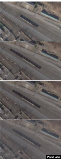 북한측 화물처리구역에 새롭게 등장한 열차. 위에서부터 지난달 30일과 이달 4일, 5일, 8일 자 사진. 그림자를 통해 열차의 차량 수 변화가 확인된다. 자료=Planet Labs