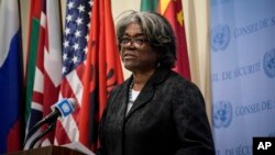 FILE - Linda Thomas-Greenfield, the U.S. ambassador to the United Nations, speaks during a press conference at U.N. headquarters, Sept. 27, 2022. 