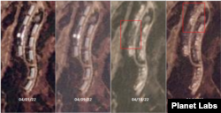 북한 금강산 골프장 동쪽 지대에 위치한 숙박단지를 위성 촬영한 사진. 4월1일(왼쪽부터)과 9일까지만 해도 전반적으로 온전한 모습이지만 10일 중심부 건물(왼쪽 붉은 사각형 안)이 사라지고 11일에는 북쪽 2개 동(오른쪽 붉은 사각형 안)이 철거된 모습이다. 다른 건물들도 지붕이 뜯겨진 정황이 보인다. (자료=Planet Labs)