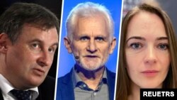 از راست: اُلکساندرا متویلچاک، رئیس «مرکز آزادی‌های مدنی اوکراین»، آلس بیالیاتسکی کنشگر زندانی اهل بلاروس، و الکساندر چرکاسف رئیس سازمان مدافع حقوق بشر «مموریال» در روسیه