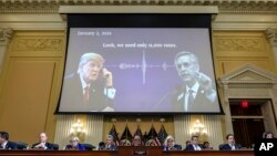 An audio recording of former President Donald Trump talking to Georgia Secretary of State Brad Raffensperger is played as the House select committee investigating the Jan. 6 attack on the U.S. Capitol holds a hearing on Capitol Hill in Washington, Oct. 13, 2022.